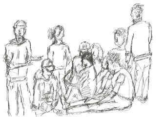 A sketch from life of a group of teenagers, graphics, ink. Raster illustration on white background