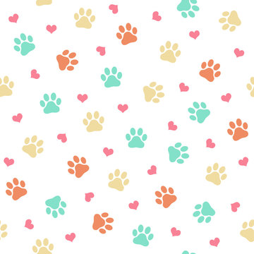 Colorful cat or dog paw print - seamless pattern vector illustration