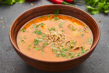 Traditional Georgian soup Kharcho with meat and rice on dark stone background