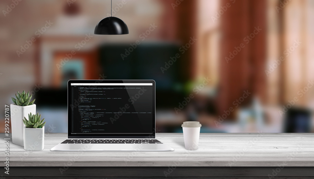 Poster Web development studio concept. Laptop vith script code editor. Copy space beside.