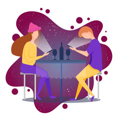 Fototapeta na wymiar Vector illustration with romantic millennial dinner. Millennial generation. Romantic couple in restaurant on a date. Pair chatting in messenger.