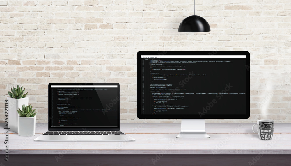 Poster Web development on computer and laptop with concept of code editor on display.