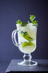 Mojito on a black background. Mojito cocktail with lime and fresh mint on a slate board. Summer refreshing cocktail with citrus on a dark background. Copy space