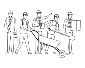 Construction workers workers tools in black and white