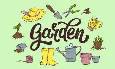 Lettering Garden word surrounded by gardener's attributes