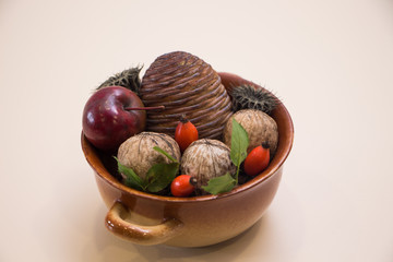 Autumn still-life: brown plate with nut, poppy, apple, cone and dog-rose 