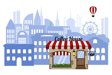 Naklejka premium Coffee shop on the background of the city. Cityscape with a balloon on a white background