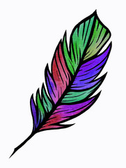 Feather with a bright coloring. Watercolor drawing