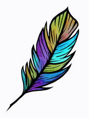 Feather with a bright coloring. Watercolor drawing
