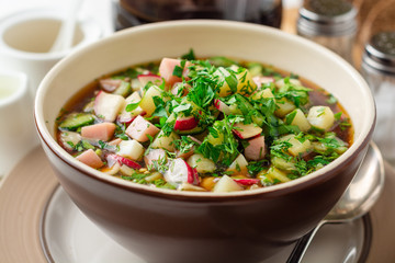 Traditional Russian summer cold soup okroshka with kvass in bowl on white concrete background. Selective focus.