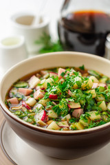 Traditional Russian summer cold soup okroshka with kvass in bowl on white concrete background. Selective focus.