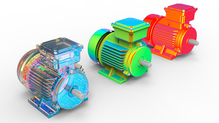 3D rendering - set of three views of the same electric motor