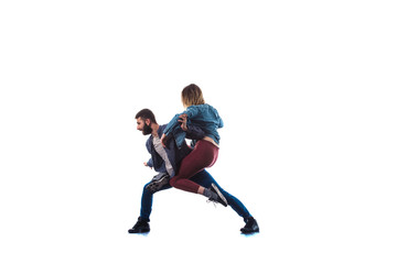 Fototapeta na wymiar Girl and boy doing breakdance