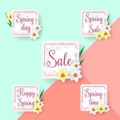Set of flat and hand drawn spring cards and labels for season sale. Spring Sale. banner template. Feminine sale tag. Vector illustration. Elegant design.