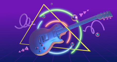 3D Render, retrowave art guitar
