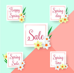 Set of flat and hand drawn spring cards and labels for season sale. Spring Sale. banner template. Feminine sale tag. Vector illustration. Elegant design.