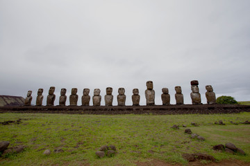 Carved stone statues - Moais - Abu Tongariki, Easter Island (Rapa Nui/ Easter Island) - Chile
