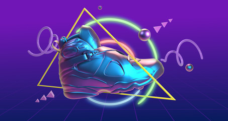 3D Render, future tennis synthwave retro fashion back to the 80's