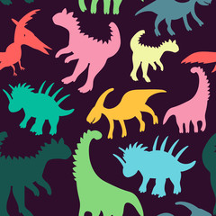 Trendy collection with colorful dinosaurs pattern kids. Creative childish seamless texture. Cute monster vector design. Colorful silhouettes of dinosaurs