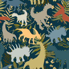 Trendy collection with colorful dinosaurs pattern kids. Creative childish seamless texture. Cute monster vector design. Colorful silhouettes of dinosaurs on floral background