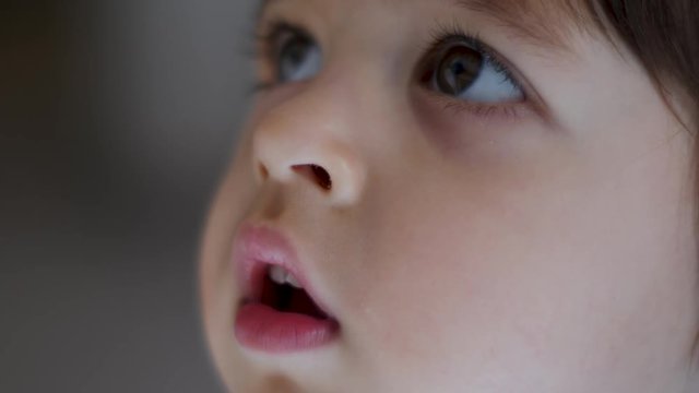 baby boy in blue t-shirt two years old watching TV at home