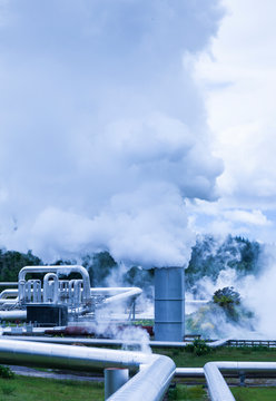 Steam rising from a geothermal power plant, Taupo, New Zealand. Sustainable, renewable green energy sources.