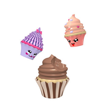 zwei lustige Kawaii Character als Cupcakes. 3d render