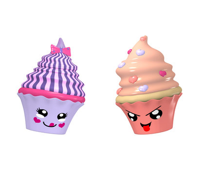 zwei niedliche Kawaii Character als Cupcakes auf weiß isoliert. 3d render