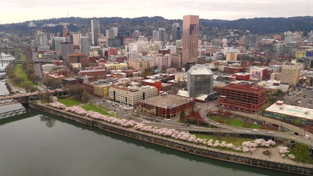 Aerial View Over Downtown Portland Oregon and the Willamette River