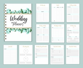Wedding planer organizer with checklist, wish list, party time etc. Floral diary design for wedding organisation. Vector wedding planer. - obrazy, fototapety, plakaty