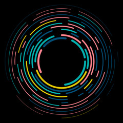 Vector modern creative backdrop of vivid multi colored curved elements.Multicolored decorative design halftone circle lines isolated on black.Circular abstract background.
