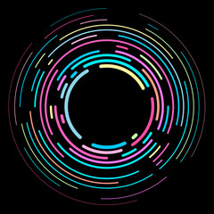 Vector modern creative backdrop of vivid multi colored curved elements.Multicolored decorative design halftone circle lines isolated on black.Circular abstract background.
