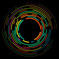 Vector modern creative backdrop of vivid multi colored curved elements.Multicolored decorative design halftone circle lines isolated on black.Circular abstract background.