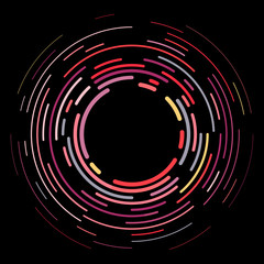 Vector modern creative backdrop of vivid multi colored curved elements.Multicolored decorative design halftone circle lines isolated on black.Circular abstract background.
