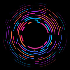 Vector modern creative backdrop of vivid multi colored curved elements.Multicolored decorative design halftone circle lines isolated on black.Circular abstract background.