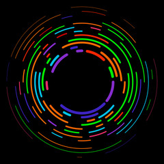 Vector modern creative backdrop of vivid multi colored curved elements.Multicolored decorative design halftone circle lines isolated on black.Circular abstract background.