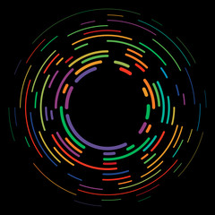 Vector modern creative backdrop of vivid multi colored curved elements.Multicolored decorative design halftone circle lines isolated on black.Circular abstract background.