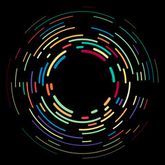 Vector modern creative backdrop of vivid multi colored curved elements.Multicolored decorative design halftone circle lines isolated on black.Circular abstract background.