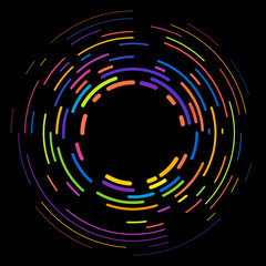 Vector modern creative backdrop of vivid multi colored curved elements.Multicolored decorative design halftone circle lines isolated on black.Circular abstract background.