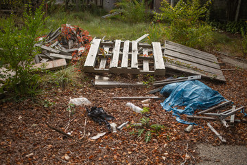 Wooden Pallets and Blue Tarp and Plastic bottles Dumped in the Woods