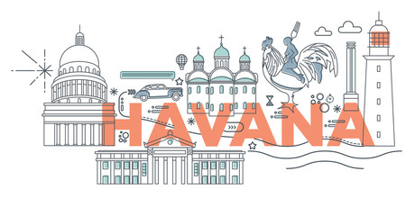 Naklejka premium Typography word Havana branding technology concept. Collection of flat vector web icons. Cuban culture travel set, architectures, specialties detailed silhouette. Doodle famous landmarks.