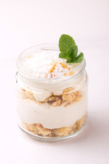 Coconut bisquit dessert with ricotta, mint. Yogurt breakfast