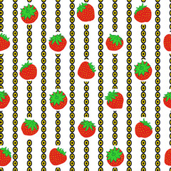 Strawberry and vertical chain look stripes vector seamless pattern background. Bright print for fashion, shirt fabric, wallpaper, scrapbooking, textile.