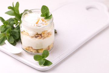 Coconut bisquit dessert with ricotta, mint. Yogurt breakfast