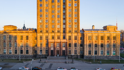 Latvian Academy of Sciences from drone flight Riga, Latvia