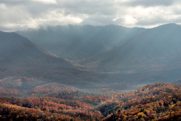 Top of the Smokies sunrays with fall colors.