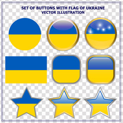 Bright set with buttons with flag of Ukraine. Colorful illustration with flag for web design. Colorful illustration with ukrainian flag.