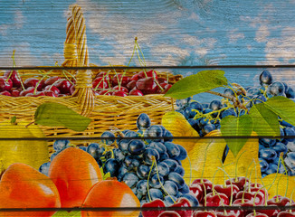 Wooden boards with a picture of fruits and berries, vintage