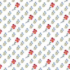 Seamless watercolor background with herbs and blue berries fnd red flowers on white background