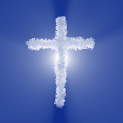 Christian cross cloud sign with volume light on blue sky and sun. 3d illustration